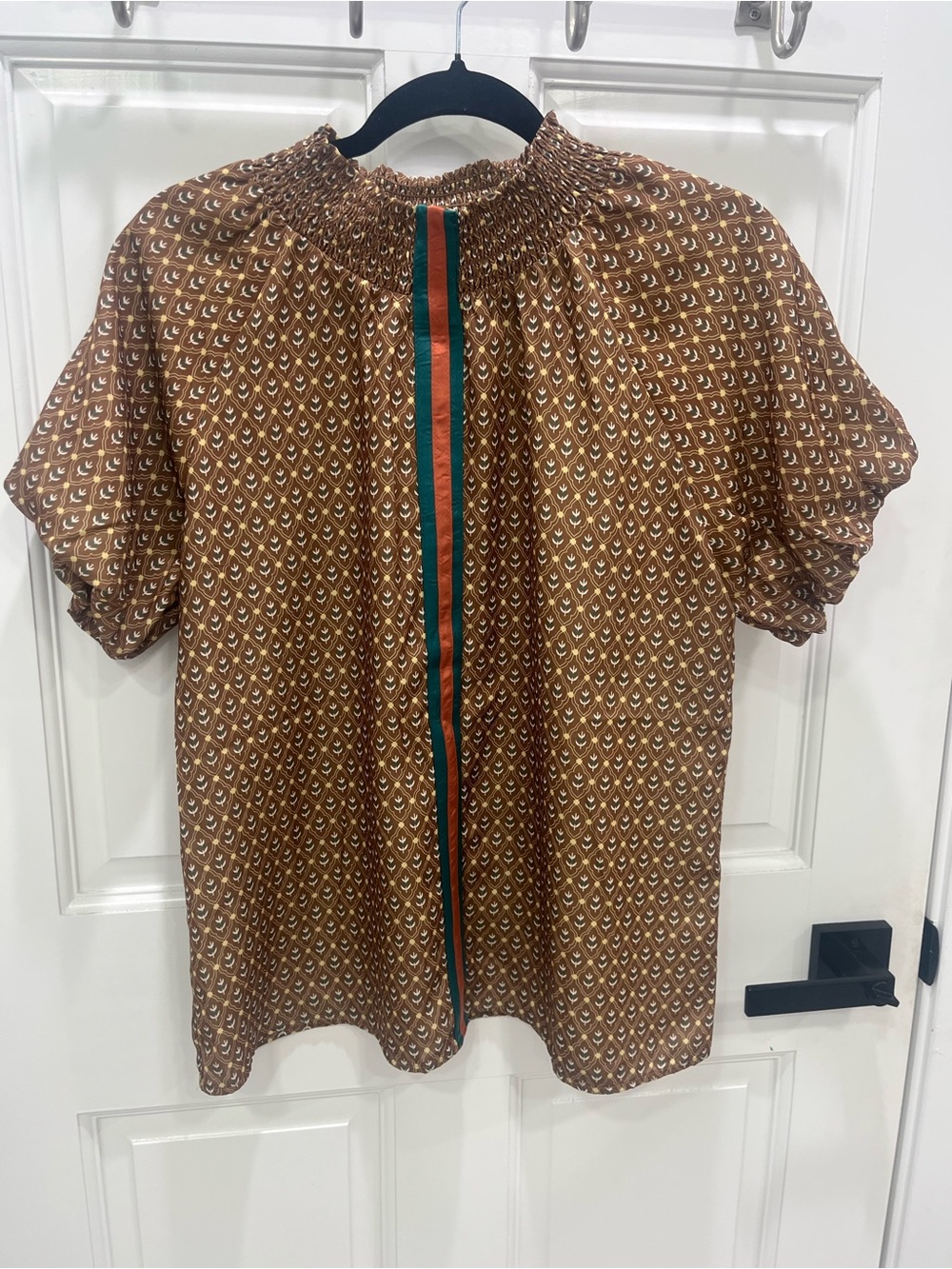 THML Brown Patterned Smocked Neck Blouse